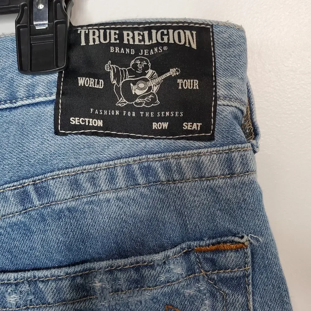 True Religion Brand Mens Jeans Ricky Relaxed Straight Leg SZ 34 Blue Distressed
